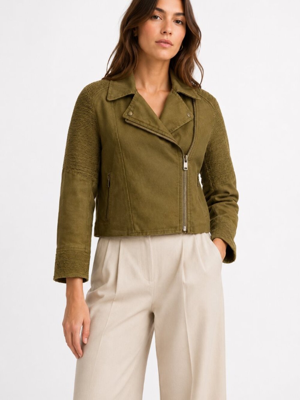 ARITZIA WILFRED FREE ALANA KHAKI GREEN LINEN BLEND MOTO JACKET - M